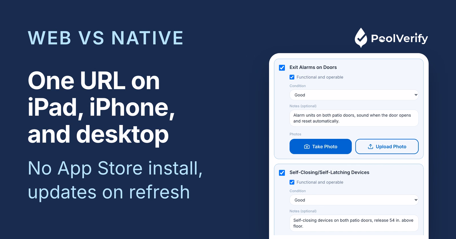The PoolVerify checklist at tablet width, the same web app that runs on an iPhone or a desktop browser