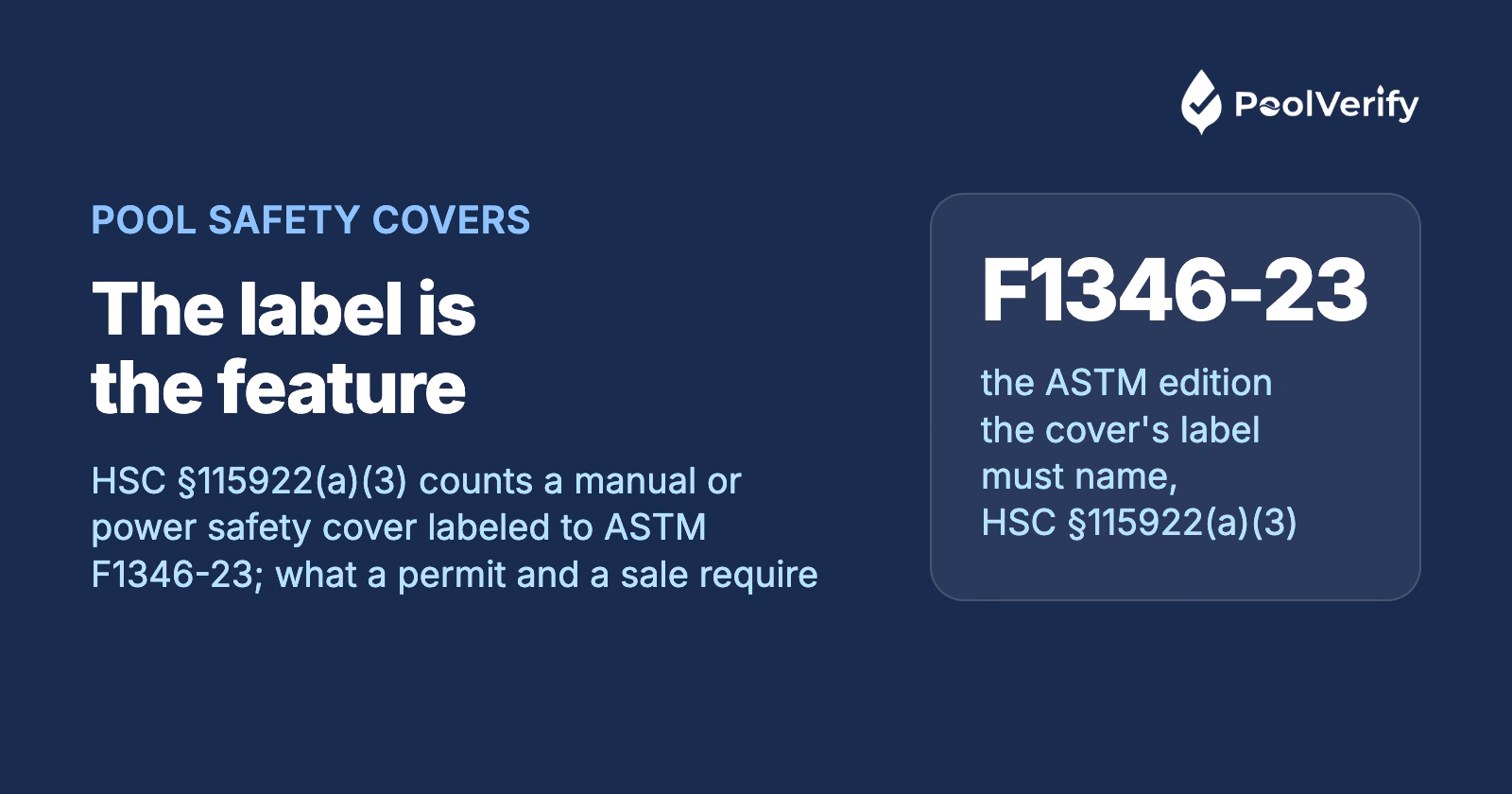 HSC §115922(a)(3): a manual or power safety pool cover counts when its label verifies ASTM F1346-23; what a permit and a sale require