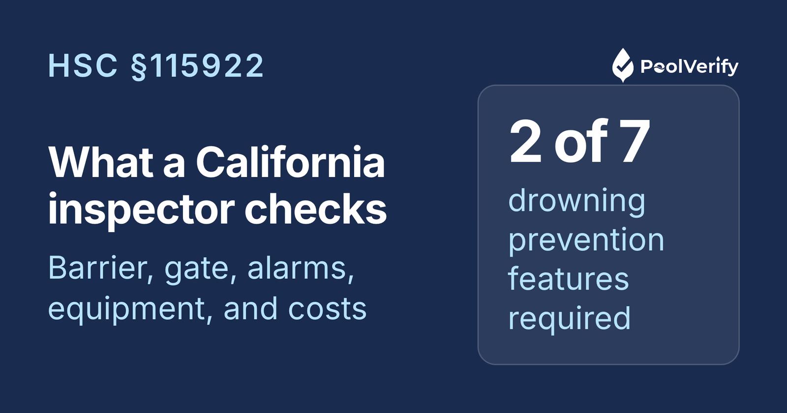 A California pool safety inspection covers the barrier, gate, alarms, and equipment, with two of seven features required.