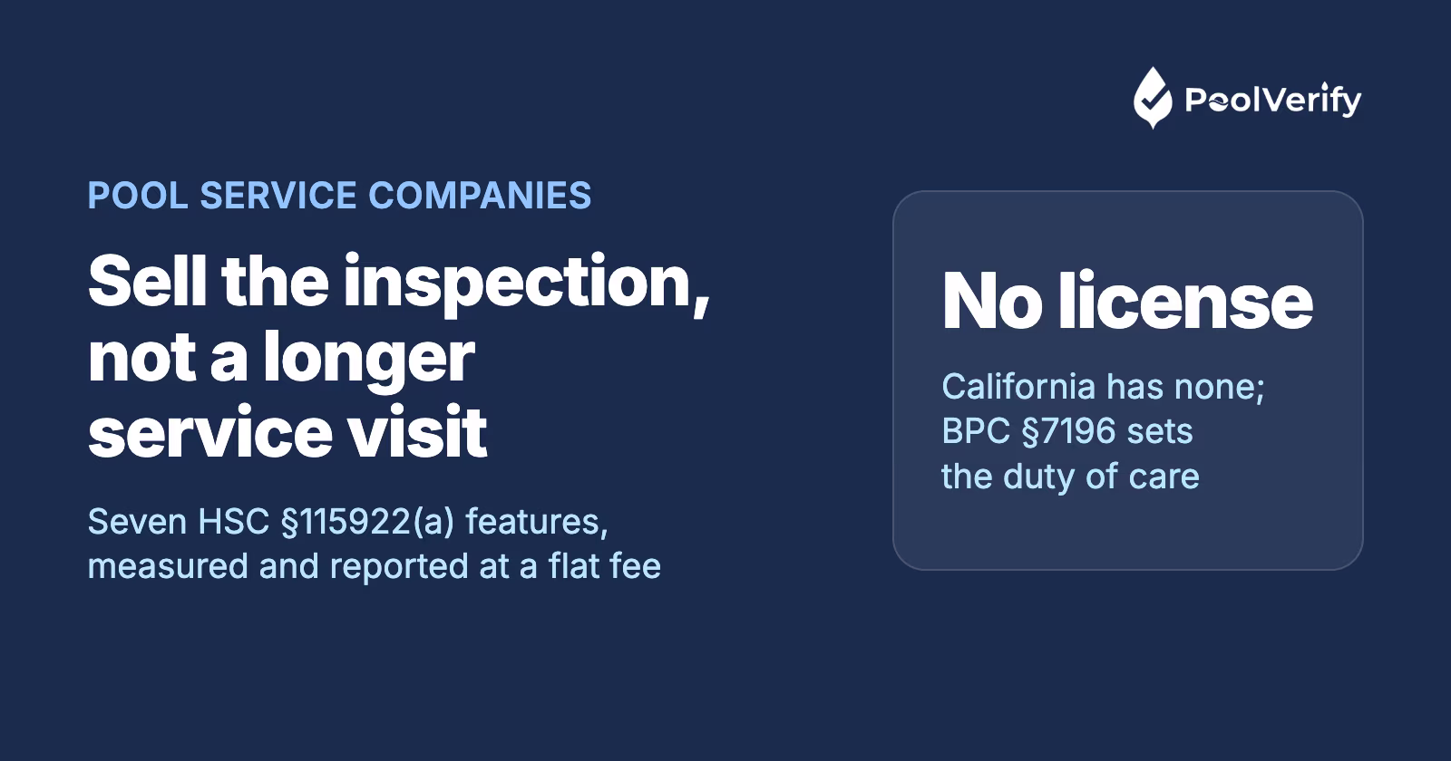 A pool service company adds safety inspections: the seven HSC §115922(a) features checked, photographed and reported at a fixed fee