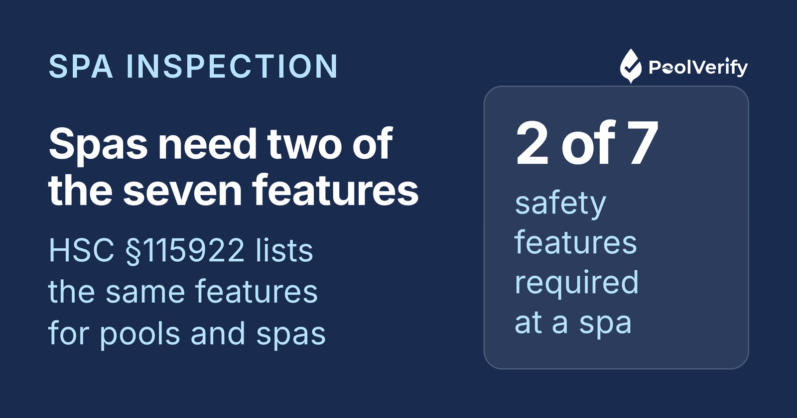 HSC §115922 asks for at least two of seven safety features at a spa, the same list that applies to pools.