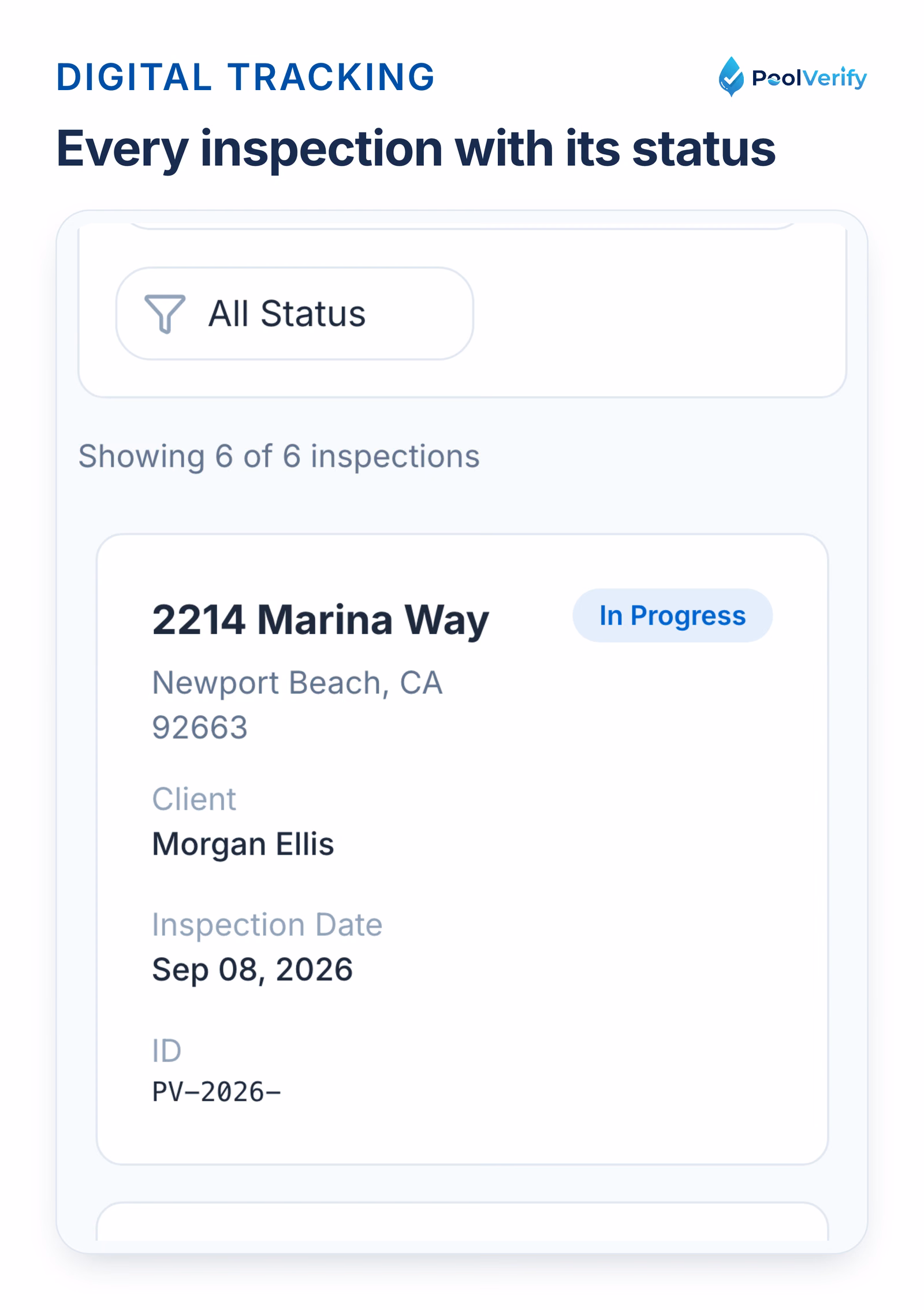 The PoolVerify inspections list with a status chip on each property record.