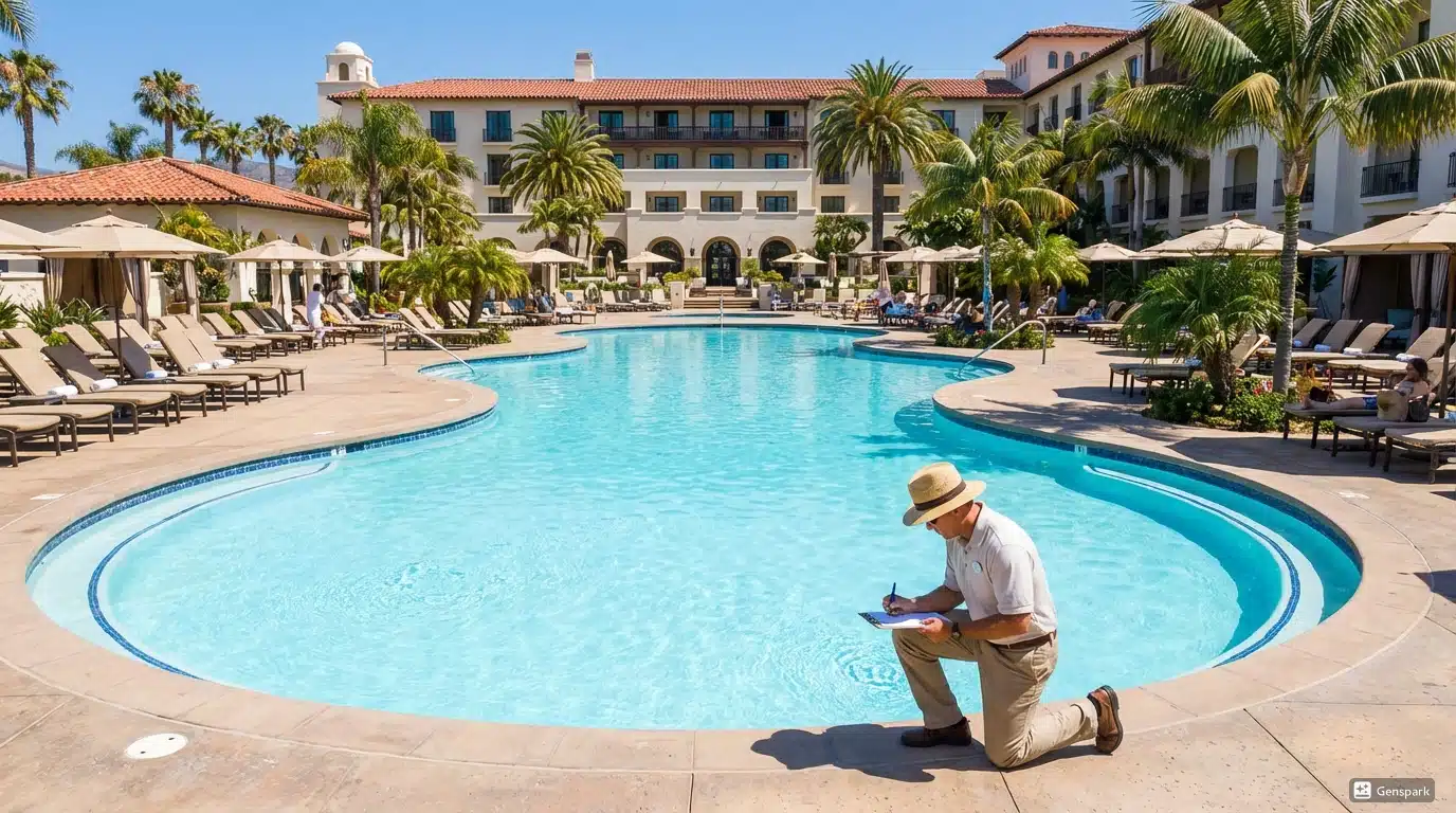 Commercial pool at California hotel being inspected