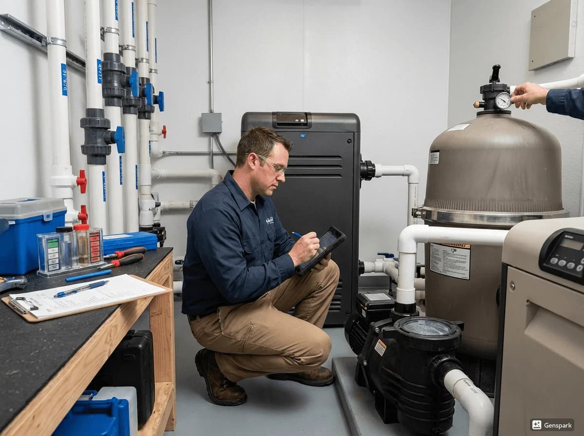 Pool inspector checking equipment with pricing guide