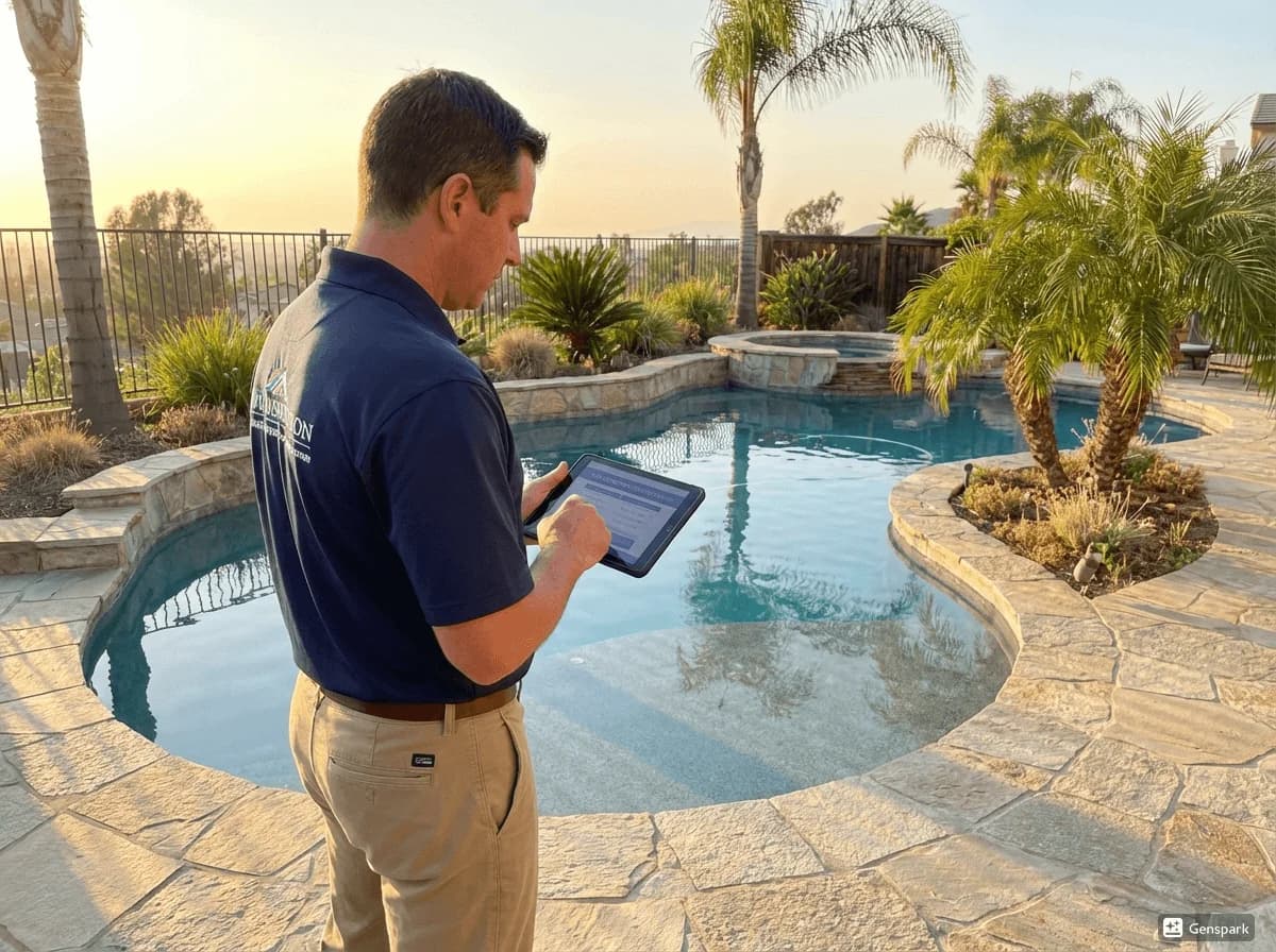 Pool inspector reviewing pricing on tablet at poolside
